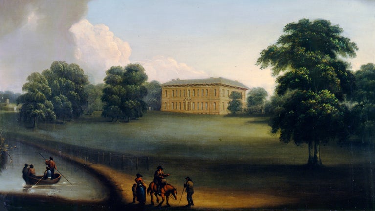 Painting looking across a parkland to a large hall and in the foreground someone riding a horse talking to other people, and others in a rowing boat on a river